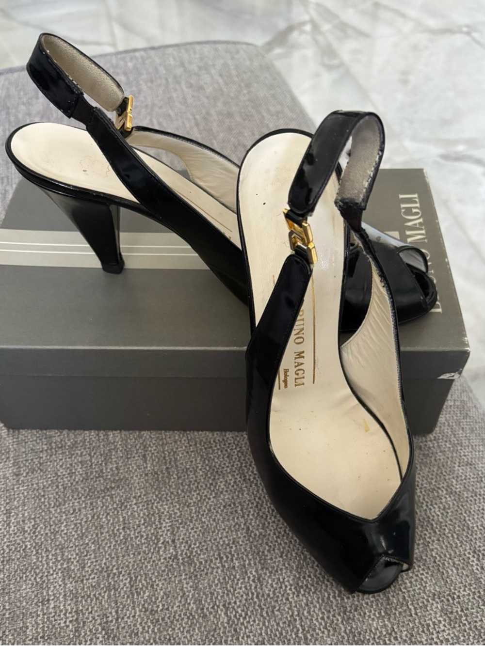 Bruno Magli Black Patent Slingback Peep-Toe Heels by